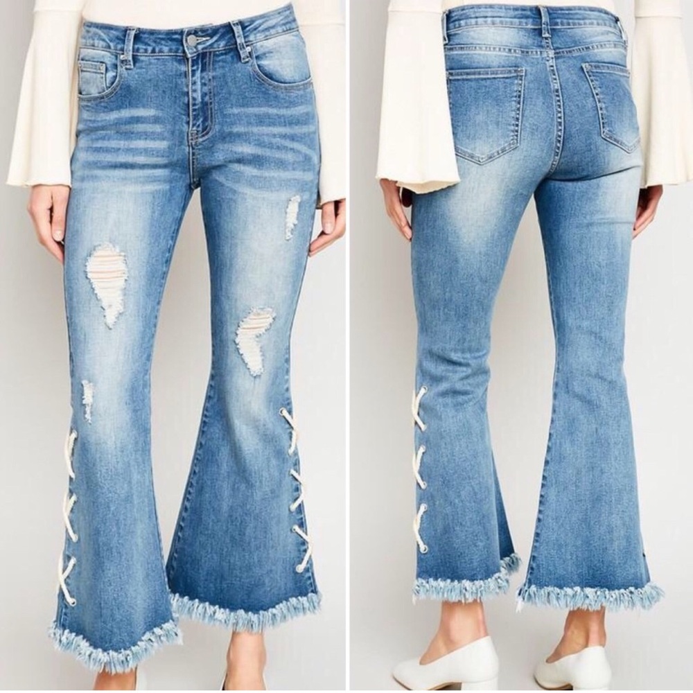 Hayden Bell Bottom Lace Up Jeans Size M Distressed Fray Hem Bohemian Y2K 90’s